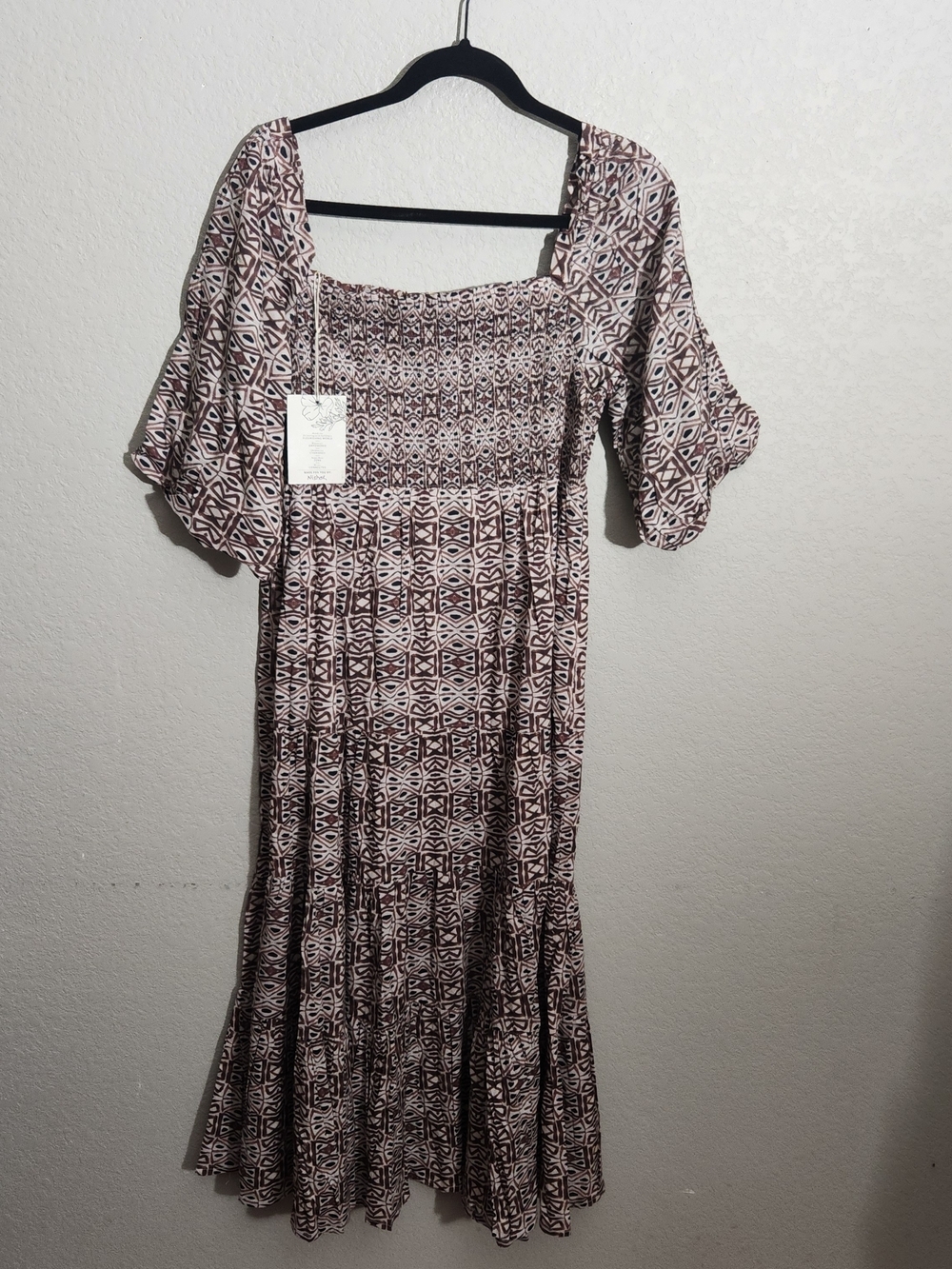 Noonday Collection Square-Neck Maxi Dress Brown Geometric Print